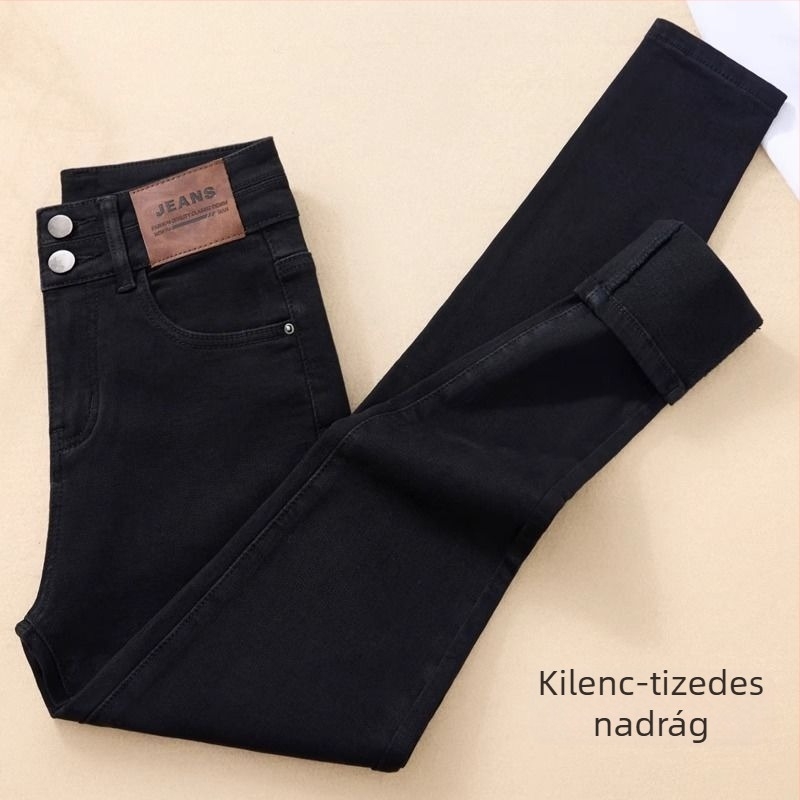 Női magas derekú farmernadrág denimből, vastag fleece bélés, fekete, szűk szabás, skinny pencil, bokáig érő hossz, őszi/téli 2025, tavaszi kollekció 2026.