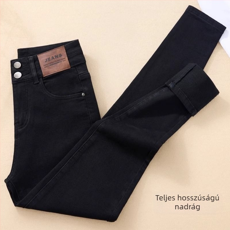 Női magas derekú farmernadrág denimből, vastag fleece bélés, fekete, szűk szabás, skinny pencil, bokáig érő hossz, őszi/téli 2025, tavaszi kollekció 2026.