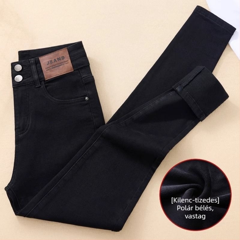 Női magas derekú farmernadrág denimből, vastag fleece bélés, fekete, szűk szabás, skinny pencil, bokáig érő hossz, őszi/téli 2025, tavaszi kollekció 2026.