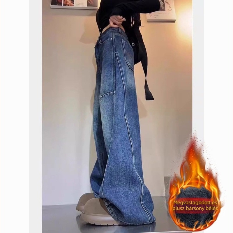 Női farmernadrág denimből, széles láb, magas derék, teljes hosszú, velúr bélés