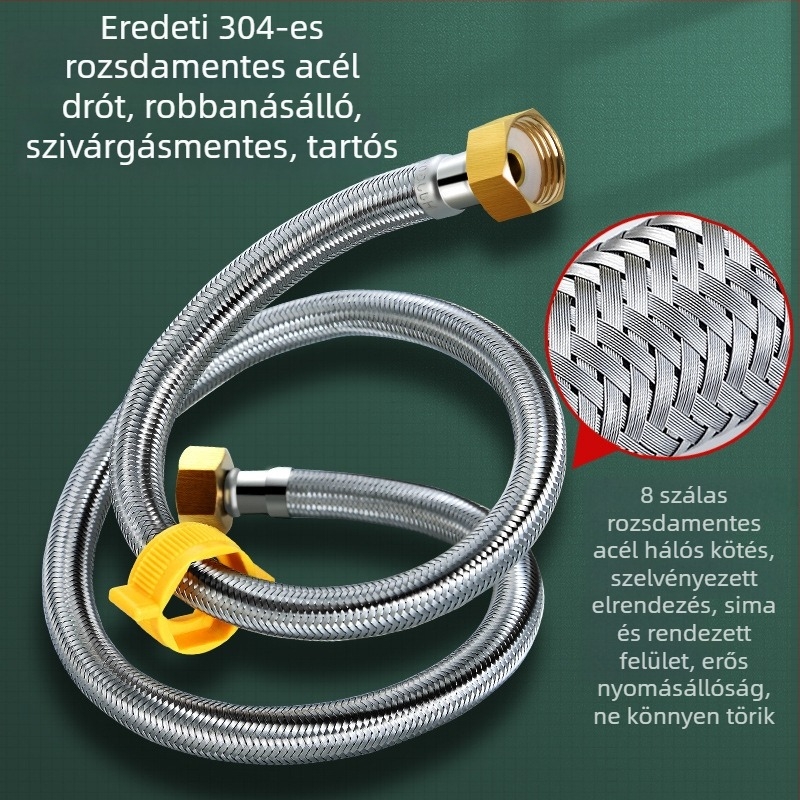 304 rozsdamentes acélból készült fémszövésű vízellátó tömlő, univerzális csatlakozás, max. 80°C