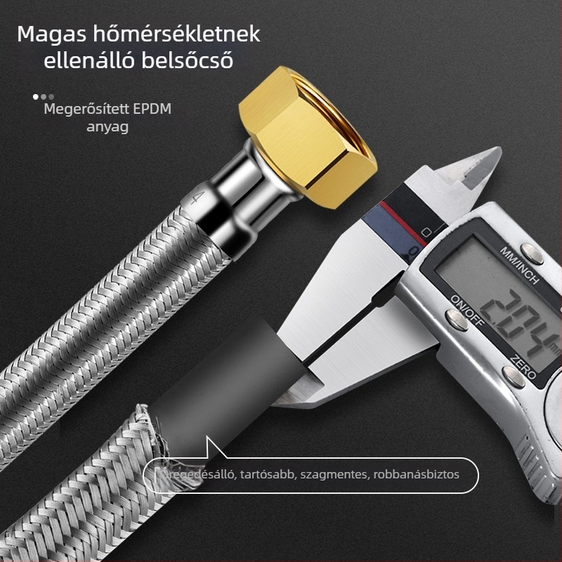 304 rozsdamentes acélból készült fémszövésű vízellátó tömlő, univerzális csatlakozás, max. 80°C