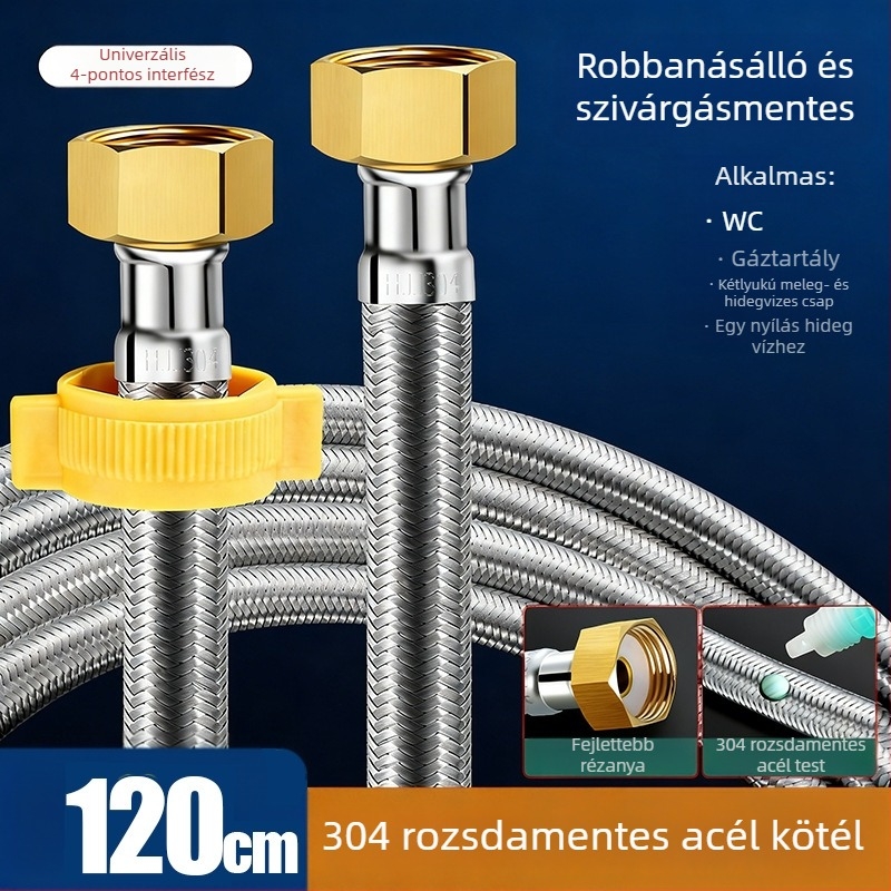 304 rozsdamentes acélból készült fémszövésű vízellátó tömlő, univerzális csatlakozás, max. 80°C