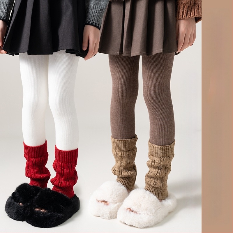 Lányoknak készült fleece-bélelt vastag ősz–téli zokni-leggings, kötött mintával, fehér pamutból