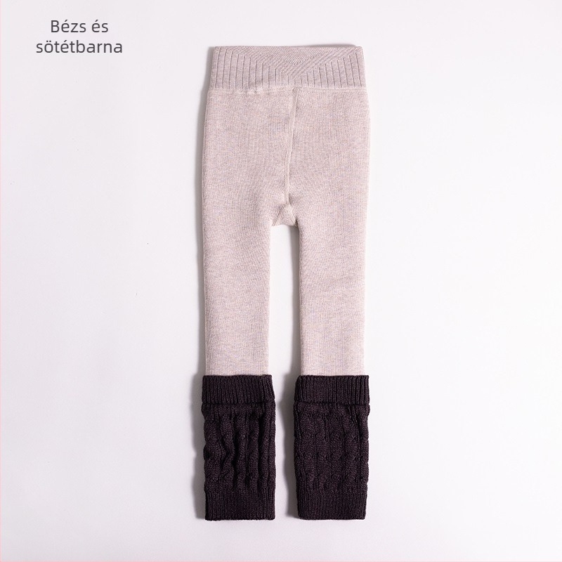 Lányoknak készült fleece-bélelt vastag ősz–téli zokni-leggings, kötött mintával, fehér pamutból