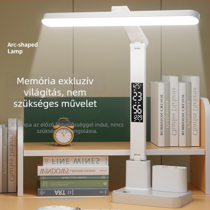 Többfunkciós asztali lámpa óra funkcióval és szemvédővel – LED tanulólámpa, érintéses kapcsoló, 6–10 W, CRI ≥95, beépített akkumulátor, műanyag árnyékoló