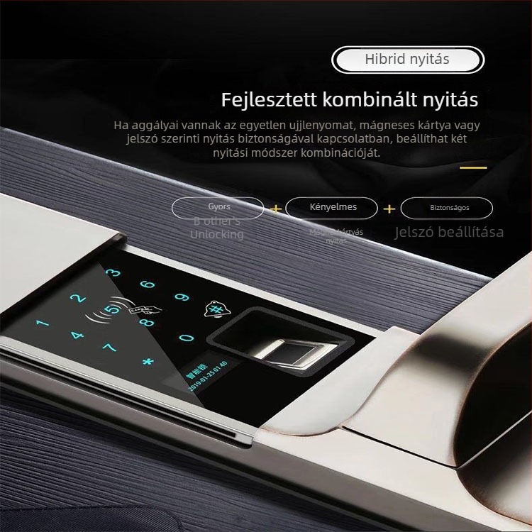 Hairun 6611 Okos zár ujjlenyomat és Bluetooth alkalmazásos feloldás, csúszó fedél, 30000 ujjlenyomat tárolás, szkennelés <1 s, hamis felismerés <0,001%, több mint 90 millió nyitás, DC tápegység