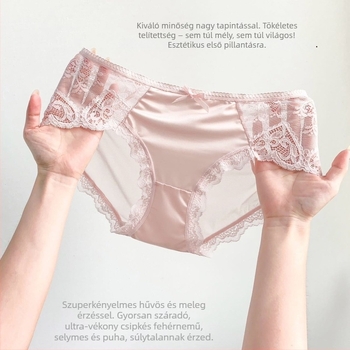 Női csipkés alsónemű virágmintával, középső derekú, kötött kialakítás, külső anyag: nylon 70–80%.