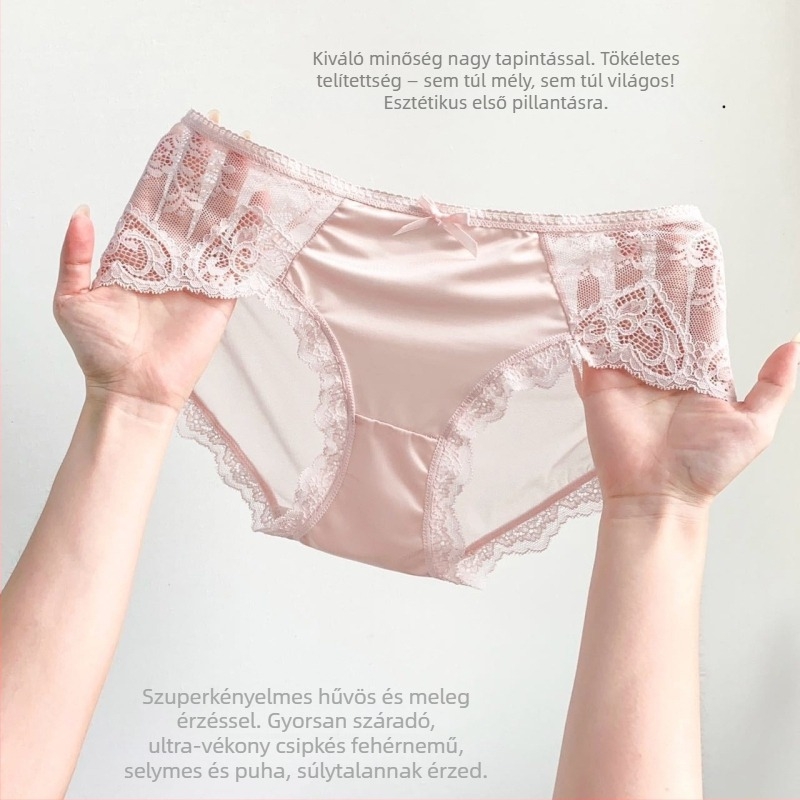Női csipkés alsónemű virágmintával, középső derekú, kötött kialakítás, külső anyag: nylon 70–80%.