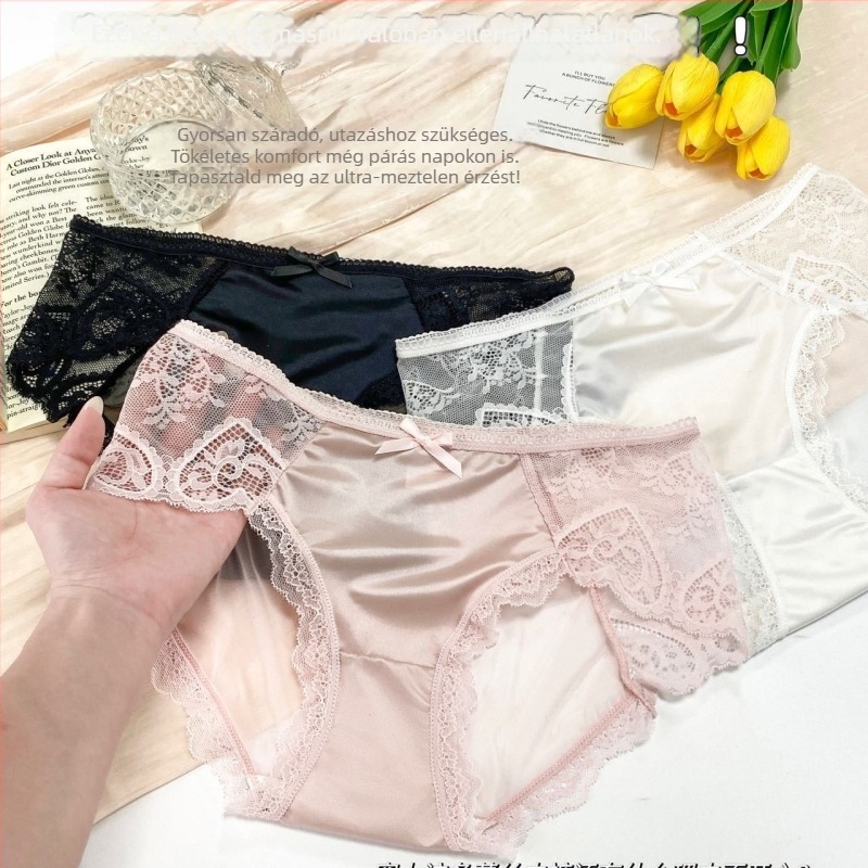 Női csipkés alsónemű virágmintával, középső derekú, kötött kialakítás, külső anyag: nylon 70–80%.