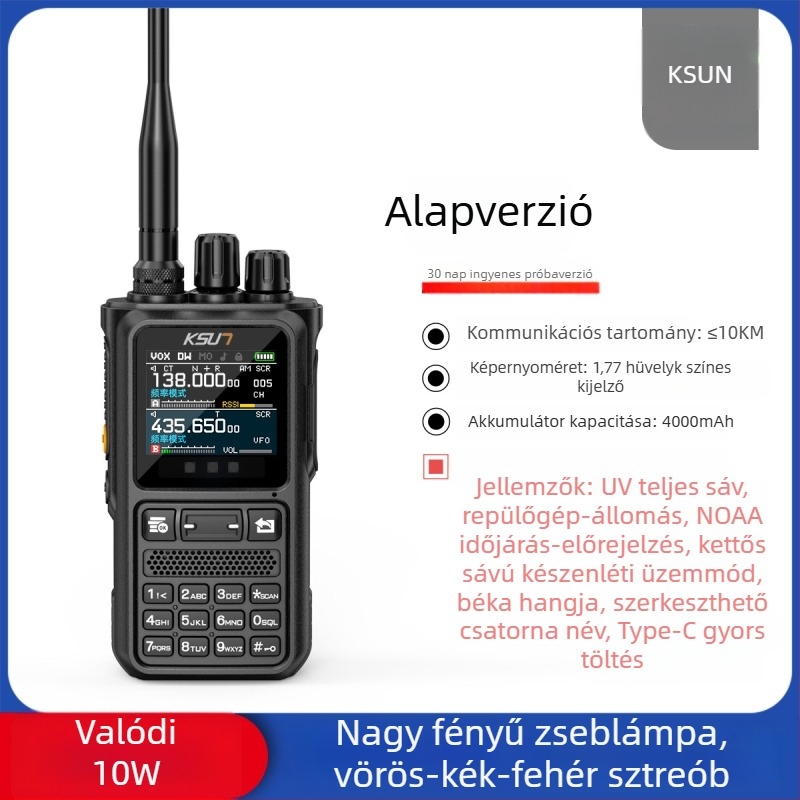 Kézi interkom rádiótelefon kültéri területbiztonságra, 5-10 km hatótávolság, 10W kimenet, 16 csatorna, 4000 mAh akkumulátor, kijelző UV110D