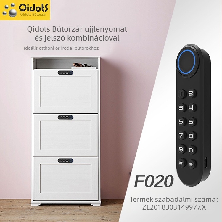 Qidots okos bútorelzár ujjlenyomat- és jelszóval fiókokhoz és szekrényekhez – cinkötvözet, modell F020, modern minimalist stílus