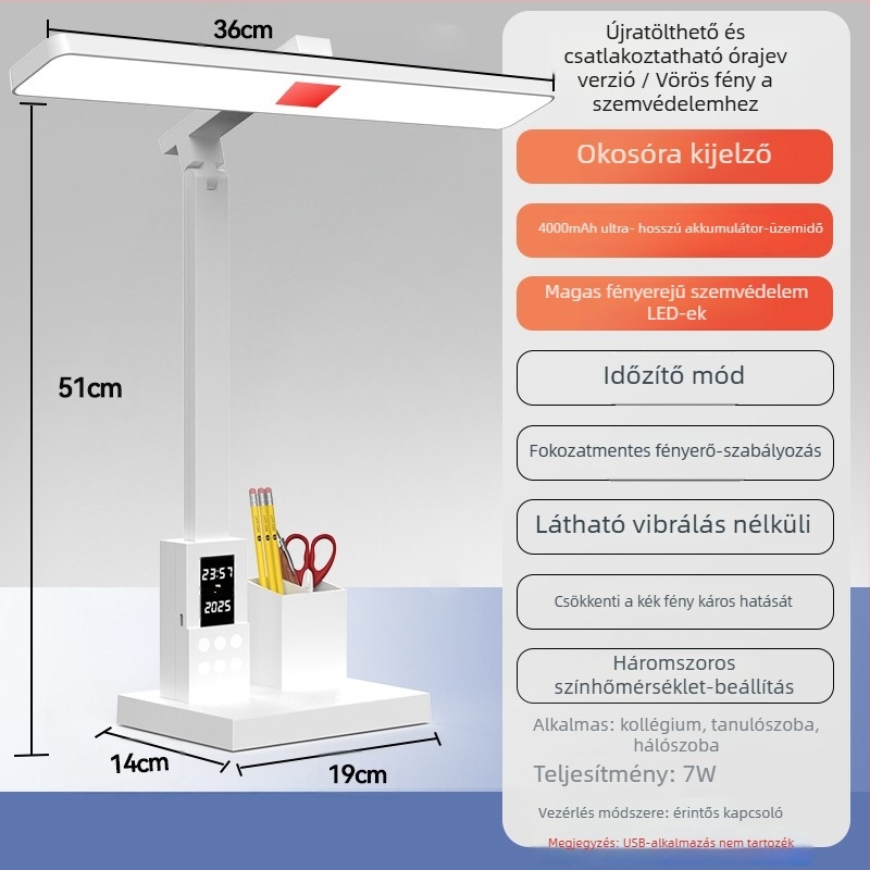 Tanulólámpa a szem védelméért – érintéses vezérlés, beépített Li-ion akkumulátor, 7W, CRI 80–89, feszültség ≤36V