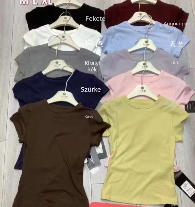 Jobb vállon tervezett T-shirt, derekat szorító, karcsú szabás, rövid ujjú, kerek nyakú