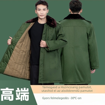 Katonai zöld pamut téli kabát fleece béléssel, hosszú, uniszex