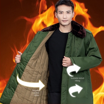 Katonai zöld pamut téli kabát fleece béléssel, hosszú, uniszex