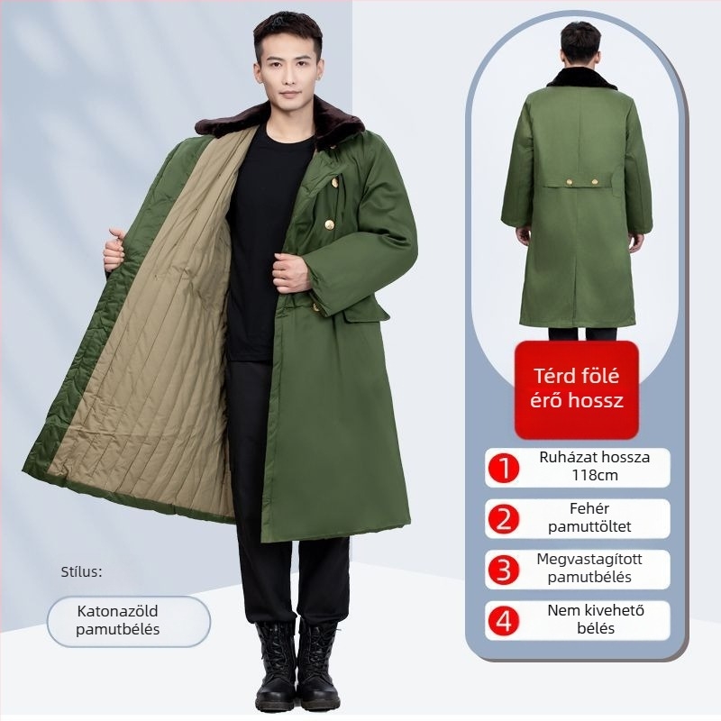 Katonai zöld pamut téli kabát fleece béléssel, hosszú, uniszex