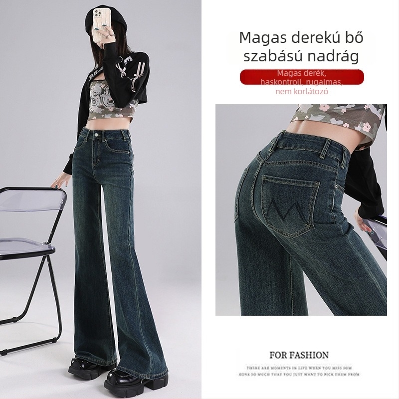 Női hímzett farmernadrág, magas derekú, enyhén bővülő, retro stílus, téli 2024