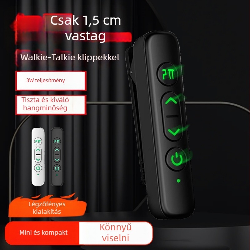 Mini klipszes interkom, 400–470 MHz, 3W, 16 csatorna, akár 3 km, 1800 mAh