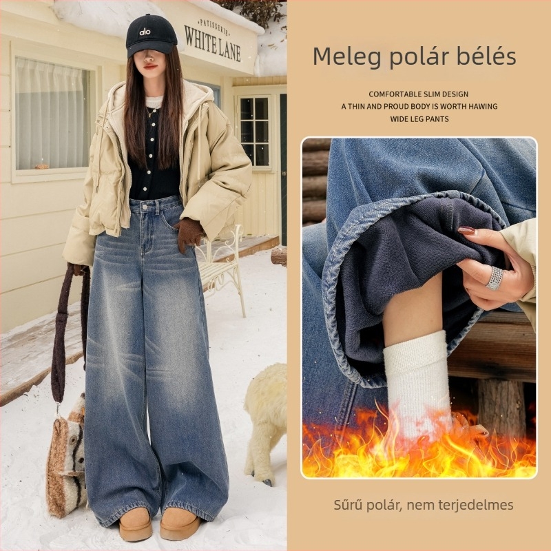 Retro farmernadrág fleece-béléssel, whiskered hatású, mosott, distressed felülettel, drapírozott, széles szárú, ősz–télre.