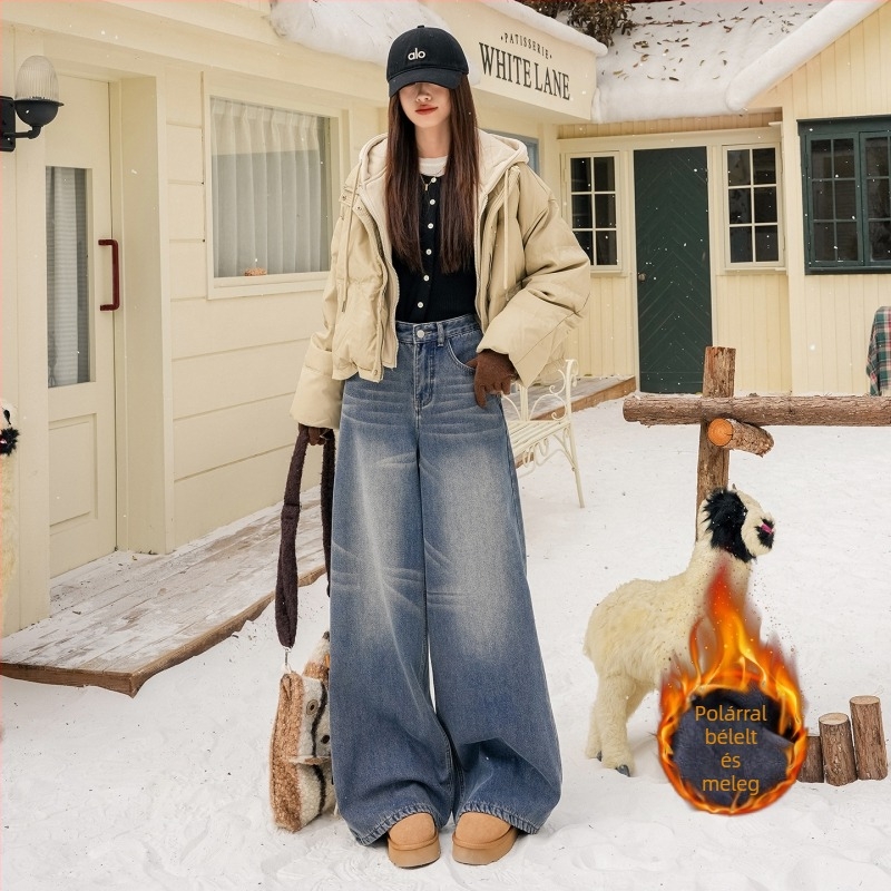 Retro farmernadrág fleece-béléssel, whiskered hatású, mosott, distressed felülettel, drapírozott, széles szárú, ősz–télre.