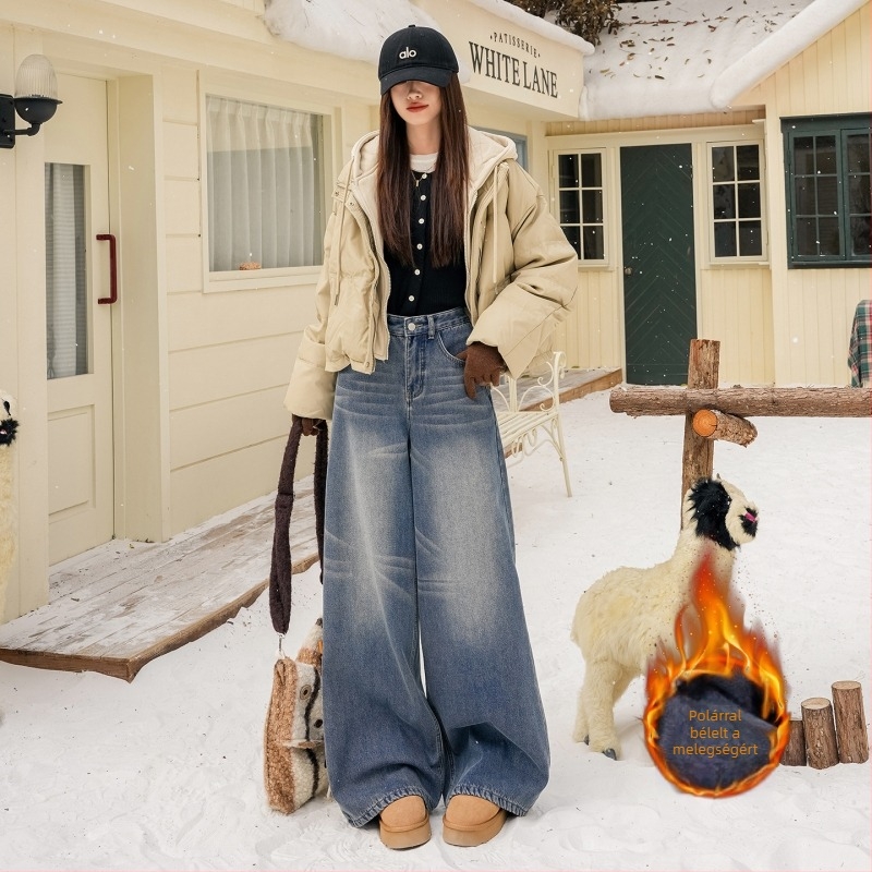 Retro farmernadrág fleece-béléssel, whiskered hatású, mosott, distressed felülettel, drapírozott, széles szárú, ősz–télre.