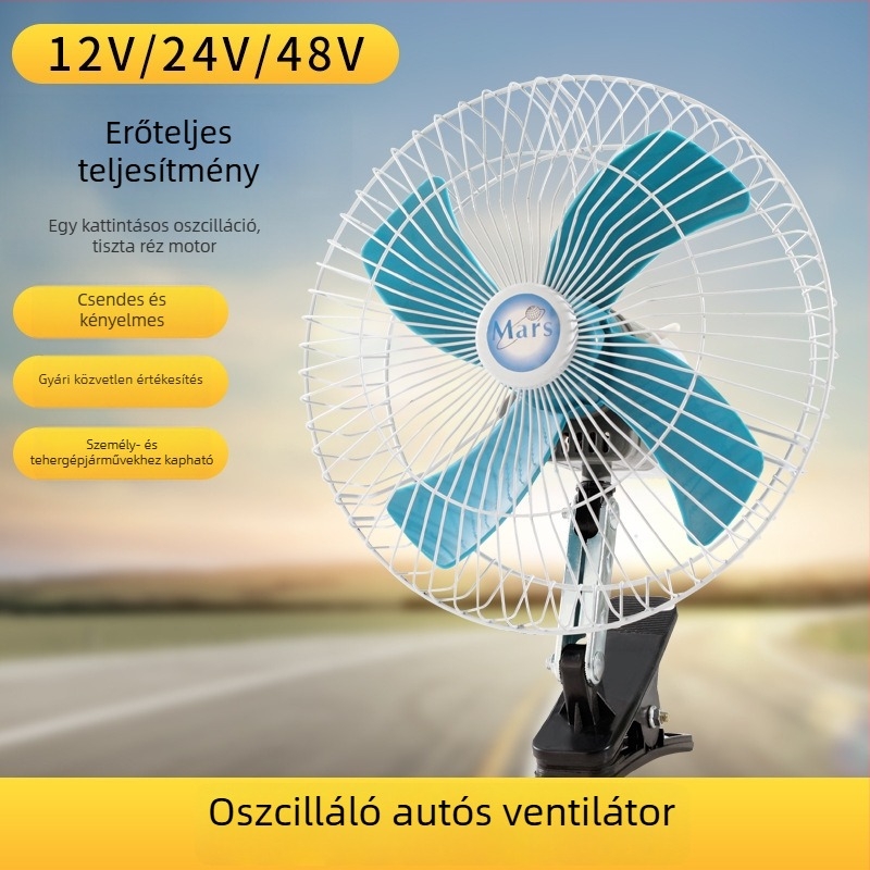 Gépjárműventilátor, 6/8/10 hüvelyk, fél-zárt ház, 12/24V, 3- vagy 4-lapátos, dönthető fej, autókhoz és teherautókhoz