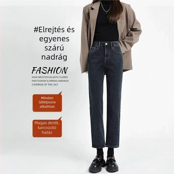 Női magas derekú egyenes szabású farmernadrág, denim, pamut 50–70%, 3/4 hossz, minimalist stílus