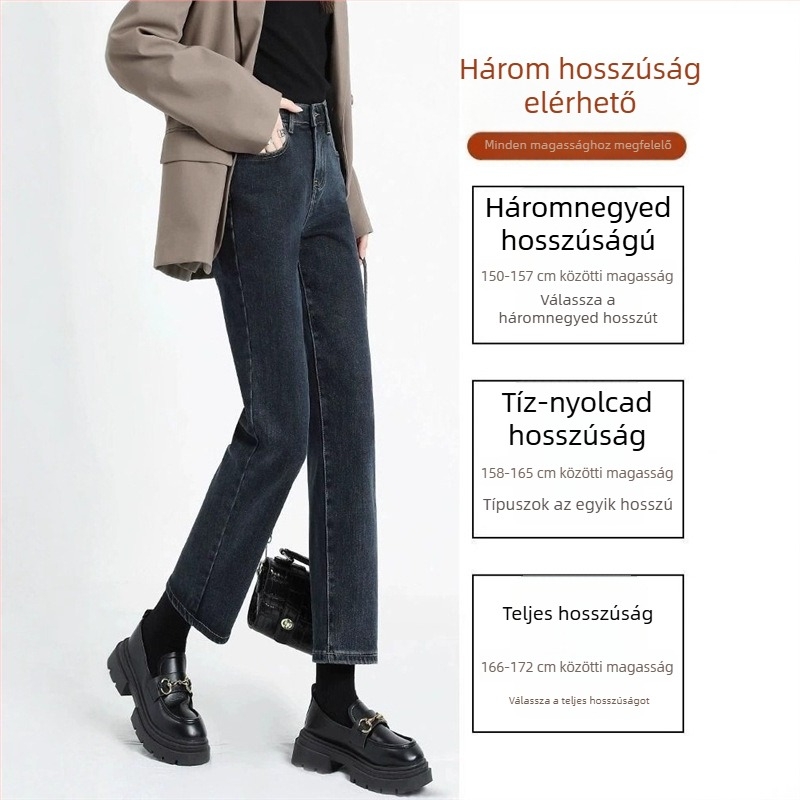 Női magas derekú egyenes szabású farmernadrág, denim, pamut 50–70%, 3/4 hossz, minimalist stílus