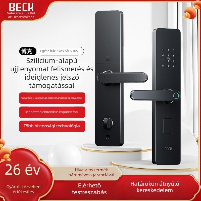 Bork V10S Okos ajtózár ujjlenyomat-olvasóval, 100 ujjlenyomat tárolása, 1 000 000 nyitási ciklus, 0,001 s beolvasási idő, 0,01% hamis elfogadás, -10…65°C működés