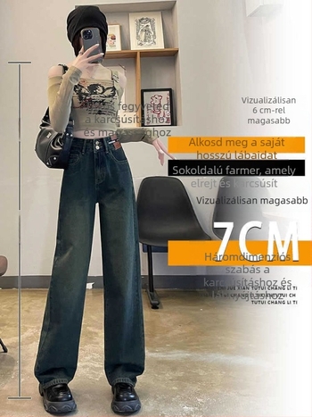 Női farmernadrág fleece-béléssel, egyenes szárú, magas derék, laza esés, tavasz–ősz 2025