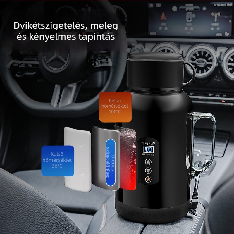 Autóba szerelhető elektromos vízmelegítő kanna, rozsdamentes acél, 12V/24V, modell XF-YH15A, 50-200W