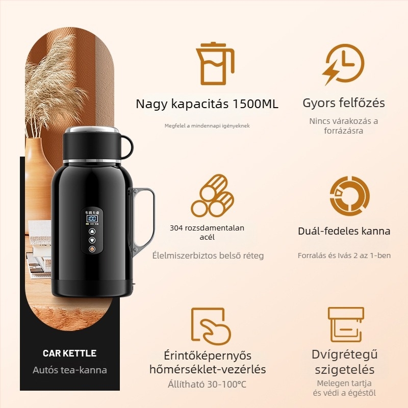 Autóba szerelhető elektromos vízmelegítő kanna, rozsdamentes acél, 12V/24V, modell XF-YH15A, 50-200W