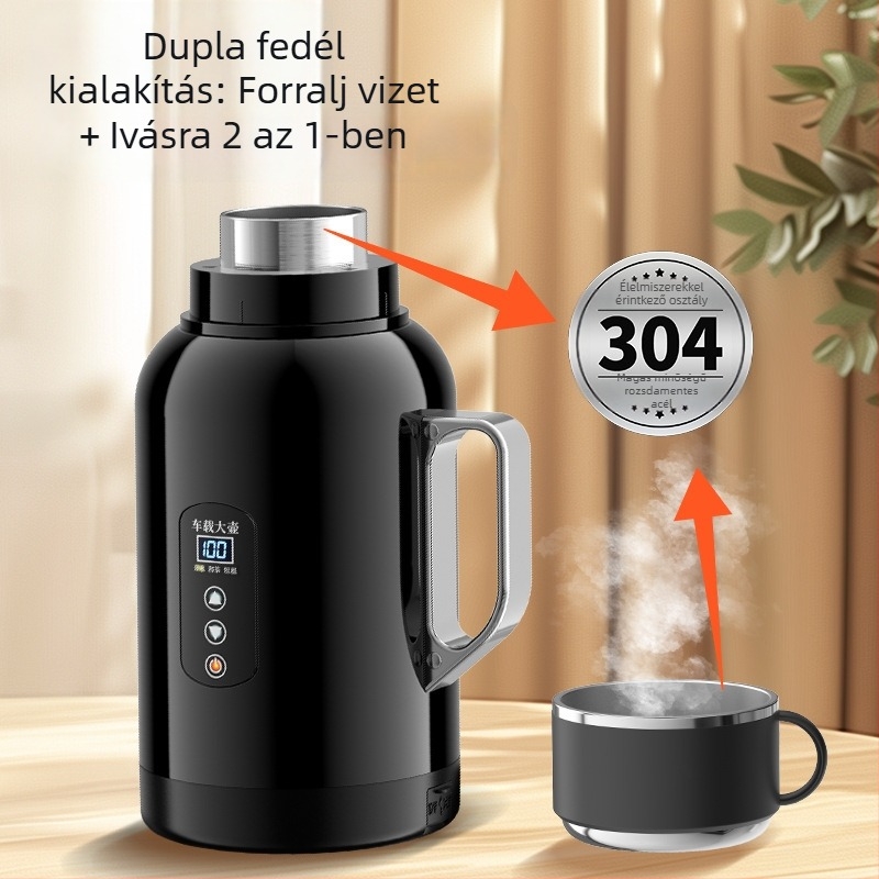 Autóba szerelhető elektromos vízmelegítő kanna, rozsdamentes acél, 12V/24V, modell XF-YH15A, 50-200W