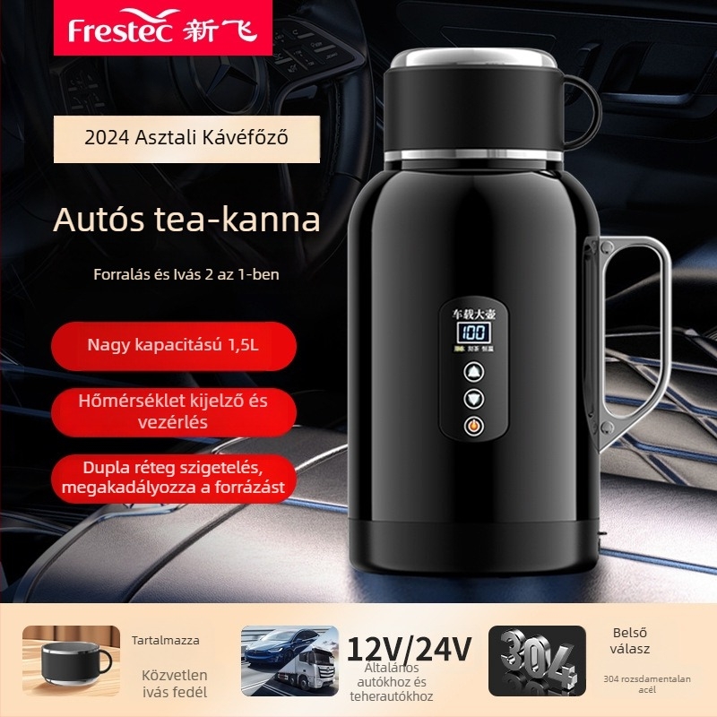 Autóba szerelhető elektromos vízmelegítő kanna, rozsdamentes acél, 12V/24V, modell XF-YH15A, 50-200W