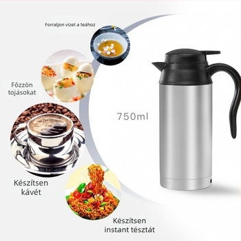 Autóba szerelhető elektromos vízforraló, 12/24V, nagy kapacitás, rozsdamentes acél, 100°C-os forralás