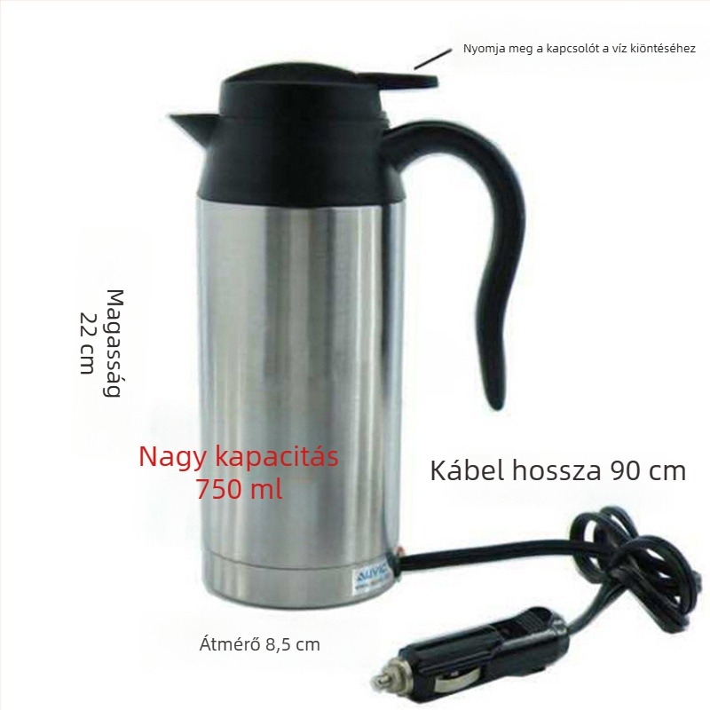 Autóba szerelhető elektromos vízforraló, 12/24V, nagy kapacitás, rozsdamentes acél, 100°C-os forralás