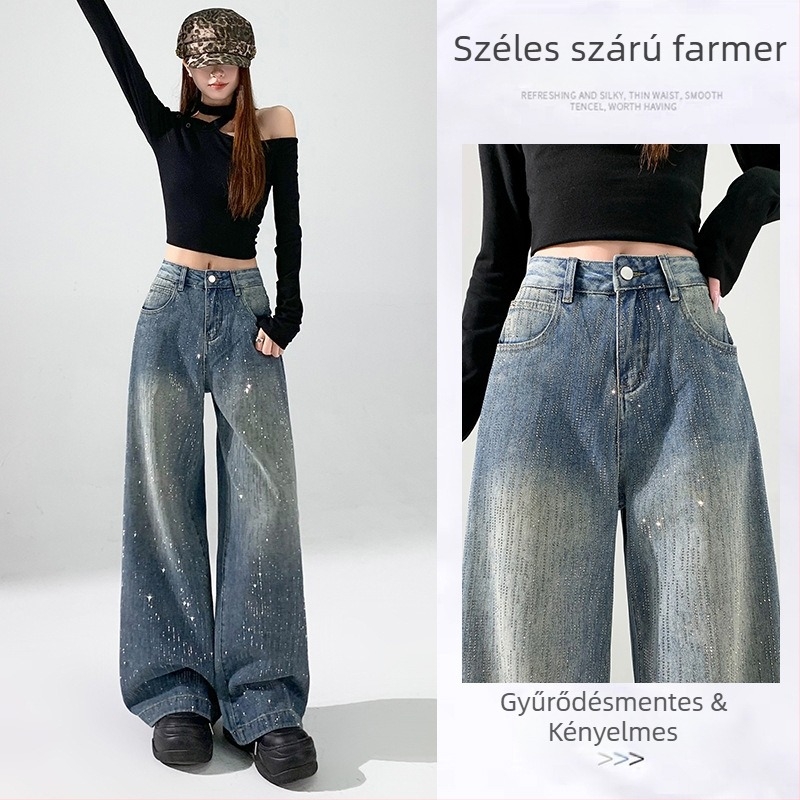 Női farmernadrág széleslábú, csillagos ég mintájú strasszokkal, magas derékkal, laza fazon, padlóig érő hosszúságú, 2025 Ősz