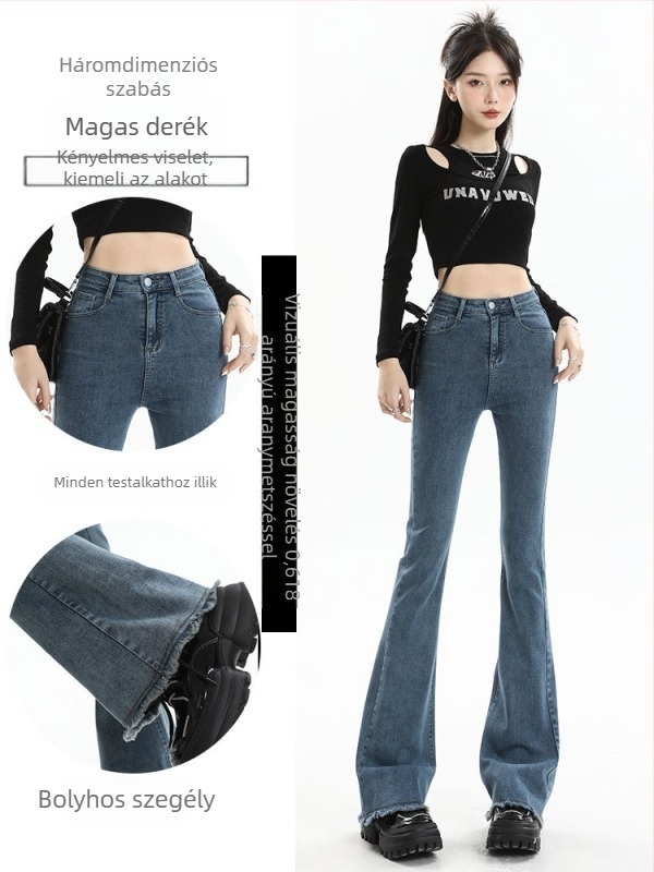 Női mikro szélesedő farmernadrág, tavasz-ősz 2026, magas derék, karcsúsító szabás, amerikai retro, bootcut nadrág alacsony testmagasságú nőknek