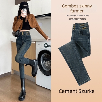 Női farmernadrág fleece-béléssel, cement szürke, magas derék, skinny pencil fazon
