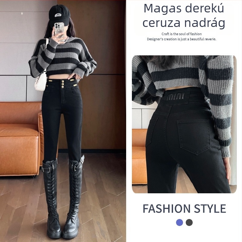 Női farmernadrág fleece-béléssel, cement szürke, magas derék, skinny pencil fazon