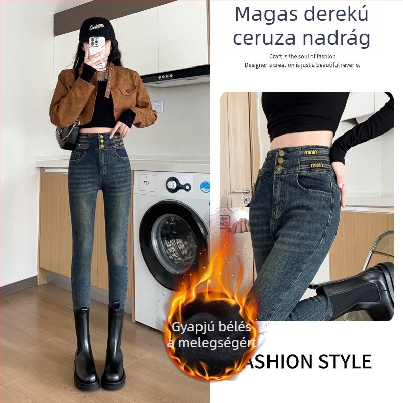 Női farmernadrág fleece-béléssel, cement szürke, magas derék, skinny pencil fazon