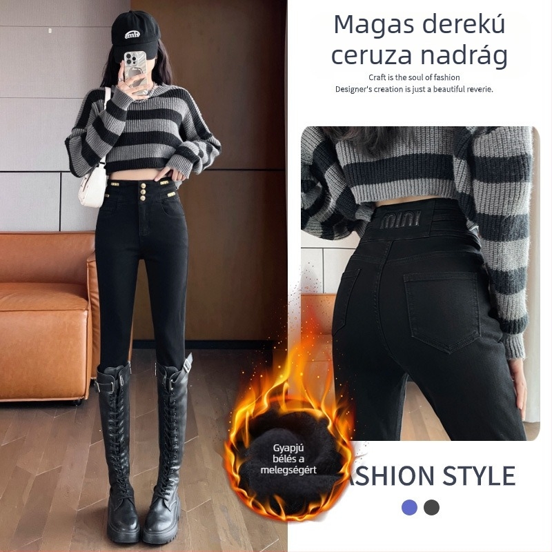 Női farmernadrág fleece-béléssel, cement szürke, magas derék, skinny pencil fazon