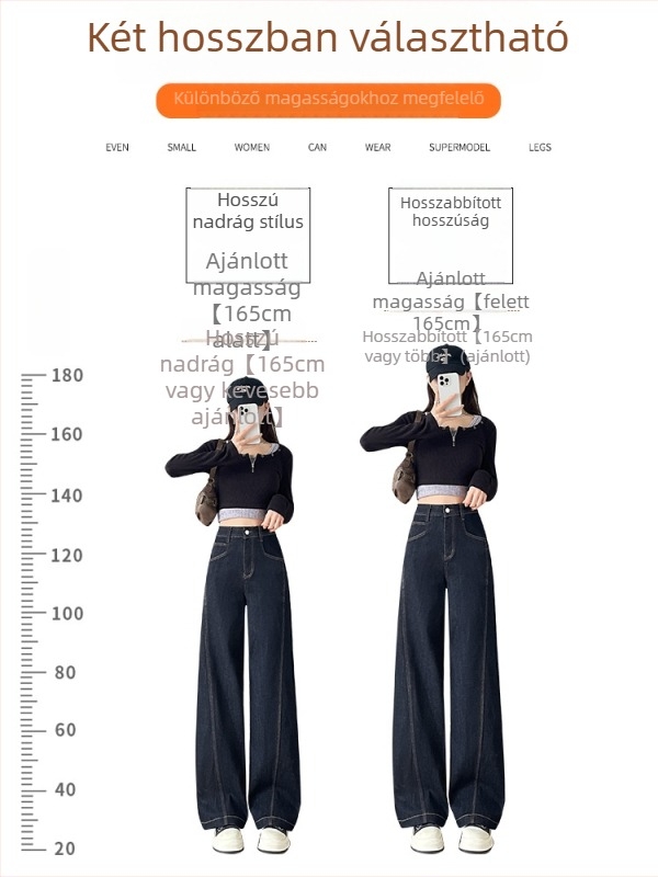 Női farmernadrág széles lábú, fleece béléssel, magas derekú, patchwork dizájn, 70–80% pamut