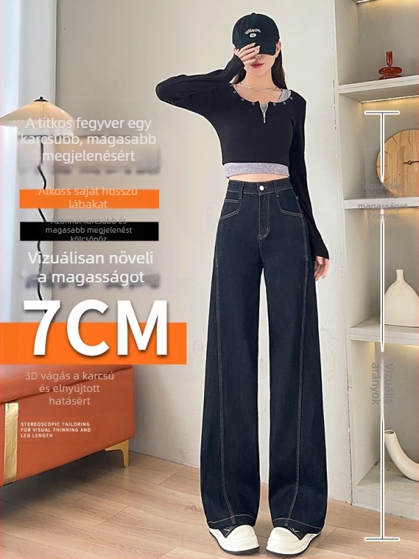 Női farmernadrág széles lábú, fleece béléssel, magas derekú, patchwork dizájn, 70–80% pamut