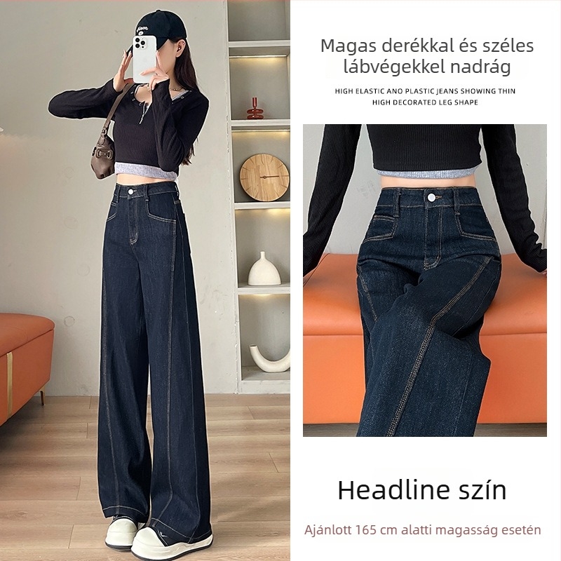 Női farmernadrág széles lábú, fleece béléssel, magas derekú, patchwork dizájn, 70–80% pamut