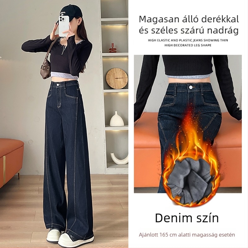 Női farmernadrág széles lábú, fleece béléssel, magas derekú, patchwork dizájn, 70–80% pamut