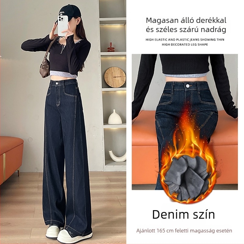 Női farmernadrág széles lábú, fleece béléssel, magas derekú, patchwork dizájn, 70–80% pamut