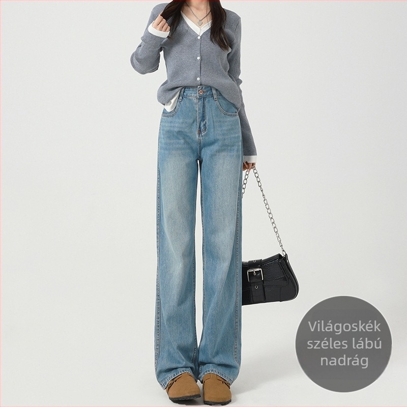 Női széles lábú farmernadrág, magas derekú, egyenes vágás, denim, 80–90% pamut