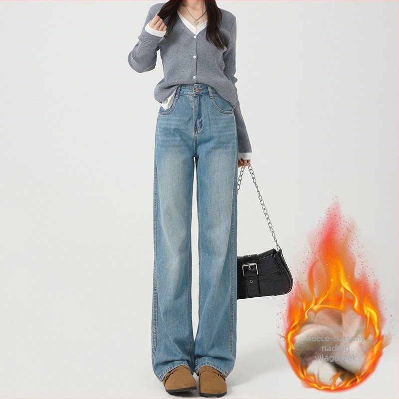 Női széles lábú farmernadrág, magas derekú, egyenes vágás, denim, 80–90% pamut